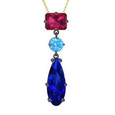 Guana Kolye - Rodolit garnet, akuamarin ve lab safir 925 ayar siyah rodyum kaplama gümüş kolye (40 cm gümüş rolo zincir) #1lb775o