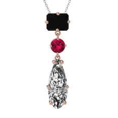Siyah zirkon, rodolit garnet ve beyaz zirkon 18 ayar rose altın kolye (40 cm gümüş rolo zincir)