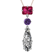 Rodolit garnet, ametist ve beyaz zirkon 925 ayar gümüş kolye (40 cm gümüş rolo zincir)