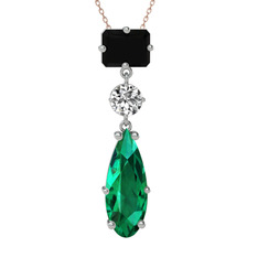 Siyah zirkon, beyaz zirkon ve yeşil kuvars 8 ayar beyaz altın kolye (40 cm gümüş rolo zincir)