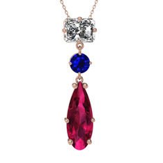 Beyaz zirkon, lab safir ve rodolit garnet 14 ayar rose altın kolye (40 cm rose altın rolo zincir)