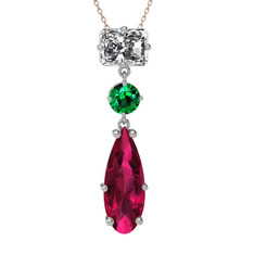 Beyaz zirkon, yeşil kuvars ve rodolit garnet 14 ayar beyaz altın kolye (40 cm rose altın rolo zincir)