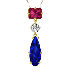 Rodolit garnet, beyaz zirkon ve lab safir 8 ayar altın kolye (40 cm gümüş rolo zincir)