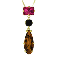 Guana Kolye - Rodolit garnet, siyah zirkon ve dumanlı kuvars 8 ayar altın kolye (40 cm altın rolo zincir) #1oztziv