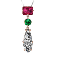 Guana Kolye - Rodolit garnet, yeşil kuvars ve beyaz zirkon 8 ayar rose altın kolye (40 cm beyaz altın rolo zincir) #1pf89ef