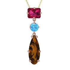 Guana Kolye - Rodolit garnet, akuamarin ve dumanlı kuvars 8 ayar rose altın kolye (40 cm altın rolo zincir) #1q0xpo9