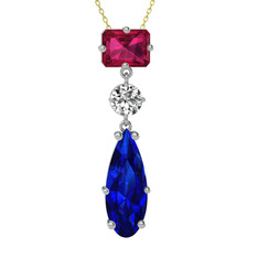 Guana Kolye - Rodolit garnet, beyaz zirkon ve lab safir 14 ayar beyaz altın kolye (40 cm altın rolo zincir) #1qkm1z4