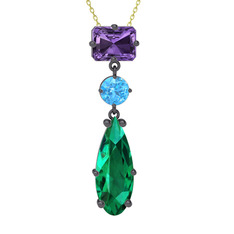 Ametist, akuamarin ve yeşil kuvars 925 ayar siyah rodyum kaplama gümüş kolye (40 cm altın rolo zincir)