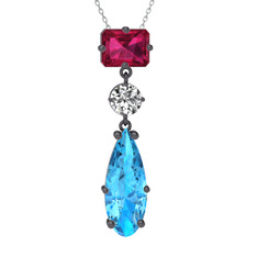 Rodolit garnet, beyaz zirkon ve akuamarin 925 ayar siyah rodyum kaplama gümüş kolye (40 cm gümüş rolo zincir)