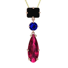 Siyah zirkon, lab safir ve rodolit garnet 18 ayar rose altın kolye (40 cm altın rolo zincir)