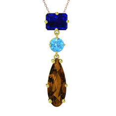 Guana Kolye - Lab safir, akuamarin ve dumanlı kuvars 18 ayar altın kolye (40 cm gümüş rolo zincir) #1ux7m52