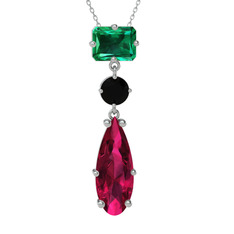 Yeşil kuvars, siyah zirkon ve rodolit garnet 14 ayar beyaz altın kolye (40 cm beyaz altın rolo zincir)