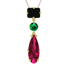 Siyah zirkon, yeşil kuvars ve rodolit garnet 8 ayar altın kolye (40 cm rose altın rolo zincir)