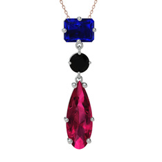Lab safir, siyah zirkon ve rodolit garnet 14 ayar beyaz altın kolye (40 cm rose altın rolo zincir)