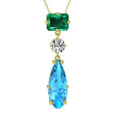 Guana Kolye - Yeşil kuvars, beyaz zirkon ve akuamarin 14 ayar altın kolye (40 cm gümüş rolo zincir) #1w6w2a9