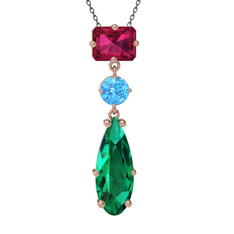 Rodolit garnet, akuamarin ve yeşil kuvars 925 ayar rose altın kaplama gümüş kolye (40 cm gümüş rolo zincir)