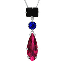 Guana Kolye - Siyah zirkon, lab safir ve rodolit garnet 14 ayar beyaz altın kolye (40 cm beyaz altın rolo zincir) #1xqjrx6