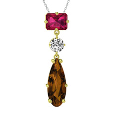 Rodolit garnet, beyaz zirkon ve dumanlı kuvars 14 ayar altın kolye (40 cm beyaz altın rolo zincir)