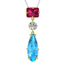 Rodolit garnet, beyaz zirkon ve akuamarin 925 ayar altın kaplama gümüş kolye (40 cm gümüş rolo zincir)