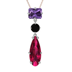 Ametist, siyah zirkon ve rodolit garnet 8 ayar beyaz altın kolye (40 cm gümüş rolo zincir)