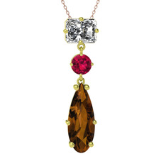 Beyaz zirkon, rodolit garnet ve dumanlı kuvars 18 ayar altın kolye (40 cm rose altın rolo zincir)