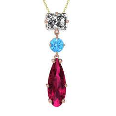 Guana Kolye - Beyaz zirkon, akuamarin ve rodolit garnet 8 ayar rose altın kolye (40 cm altın rolo zincir) #428w65