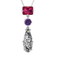 Rodolit garnet, ametist ve beyaz zirkon 18 ayar beyaz altın kolye (40 cm beyaz altın rolo zincir)