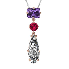Ametist, rodolit garnet ve beyaz zirkon 18 ayar rose altın kolye (40 cm beyaz altın rolo zincir)