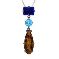 Guana Kolye - Lab safir, akuamarin ve dumanlı kuvars 925 ayar siyah rodyum kaplama gümüş kolye (40 cm rose altın rolo zincir) #4zrdxz
