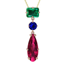 Yeşil kuvars, lab safir ve rodolit garnet 8 ayar rose altın kolye (40 cm altın rolo zincir)