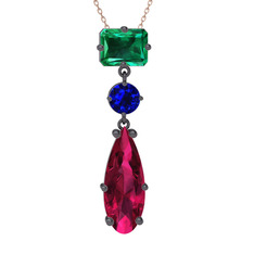 Yeşil kuvars, lab safir ve rodolit garnet 925 ayar siyah rodyum kaplama gümüş kolye (40 cm gümüş rolo zincir)