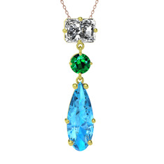 Beyaz zirkon, yeşil kuvars ve akuamarin 14 ayar altın kolye (40 cm rose altın rolo zincir)