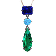 Guana Kolye - Lab safir, akuamarin ve yeşil kuvars 925 ayar siyah rodyum kaplama gümüş kolye (40 cm rose altın rolo zincir) #7j6jry