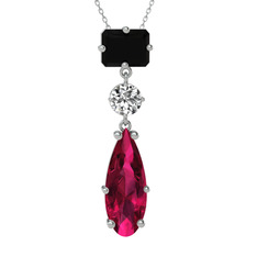 Guana Kolye - Siyah zirkon, beyaz zirkon ve rodolit garnet 8 ayar beyaz altın kolye (40 cm beyaz altın rolo zincir) #7x0t4d