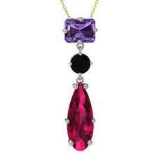 Ametist, siyah zirkon ve rodolit garnet 8 ayar beyaz altın kolye (40 cm gümüş rolo zincir)