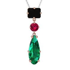 Siyah zirkon, rodolit garnet ve yeşil kuvars 18 ayar rose altın kolye (40 cm beyaz altın rolo zincir)