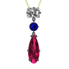 Beyaz zirkon, lab safir ve rodolit garnet 925 ayar siyah rodyum kaplama gümüş kolye (40 cm altın rolo zincir)