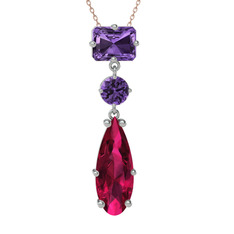 Ametist ve rodolit garnet 14 ayar beyaz altın kolye (40 cm rose altın rolo zincir)