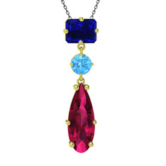 Lab safir, akuamarin ve rodolit garnet 8 ayar altın kolye (40 cm gümüş rolo zincir)