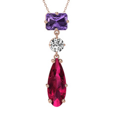 Guana Kolye - Ametist, beyaz zirkon ve rodolit garnet 14 ayar rose altın kolye (40 cm rose altın rolo zincir) #ax2dcd