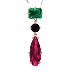 Yeşil kuvars, siyah zirkon ve rodolit garnet 925 ayar rose altın kaplama gümüş kolye (40 cm beyaz altın rolo zincir)