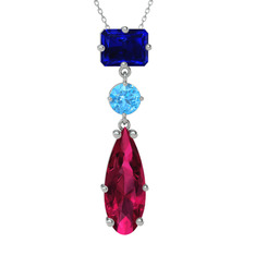Lab safir, akuamarin ve rodolit garnet 14 ayar beyaz altın kolye (40 cm beyaz altın rolo zincir)