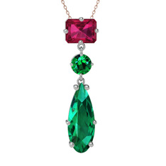 Rodolit garnet ve yeşil kuvars 8 ayar beyaz altın kolye (40 cm gümüş rolo zincir)