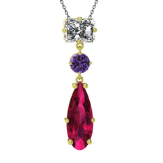 Guana Kolye - Beyaz zirkon, ametist ve rodolit garnet 14 ayar altın kolye (40 cm gümüş rolo zincir) #dcwmzp