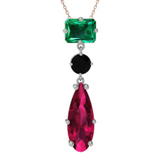 Yeşil kuvars, siyah zirkon ve rodolit garnet 8 ayar beyaz altın kolye (40 cm rose altın rolo zincir)