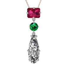 Rodolit garnet, yeşil kuvars ve beyaz zirkon 925 ayar gümüş kolye (40 cm rose altın rolo zincir)