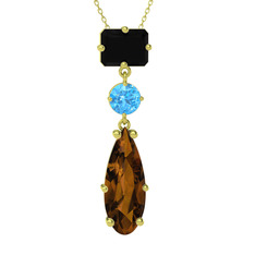 Siyah zirkon, akuamarin ve dumanlı kuvars 18 ayar altın kolye (40 cm altın rolo zincir)
