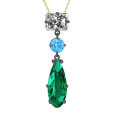 Guana Kolye - Beyaz zirkon, akuamarin ve yeşil kuvars 925 ayar siyah rodyum kaplama gümüş kolye (40 cm altın rolo zincir) #eimi89