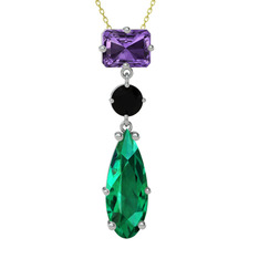 Guana Kolye - Ametist, siyah zirkon ve yeşil kuvars 8 ayar beyaz altın kolye (40 cm gümüş rolo zincir) #el9e5r