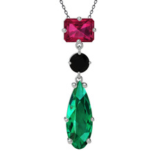Guana Kolye - Rodolit garnet, siyah zirkon ve yeşil kuvars 8 ayar beyaz altın kolye (40 cm gümüş rolo zincir) #elydu